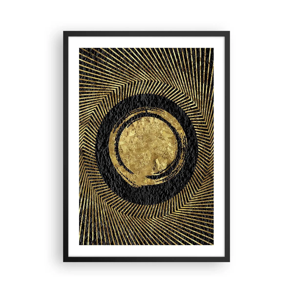 Plakát v černém rámu - Zlatá geometrická abstrakce na černém pozadí - 50x70cm - Glamour kompozice - Moderní nástěnná dekorace do obývacího pokoje a ložnice ARTTOR