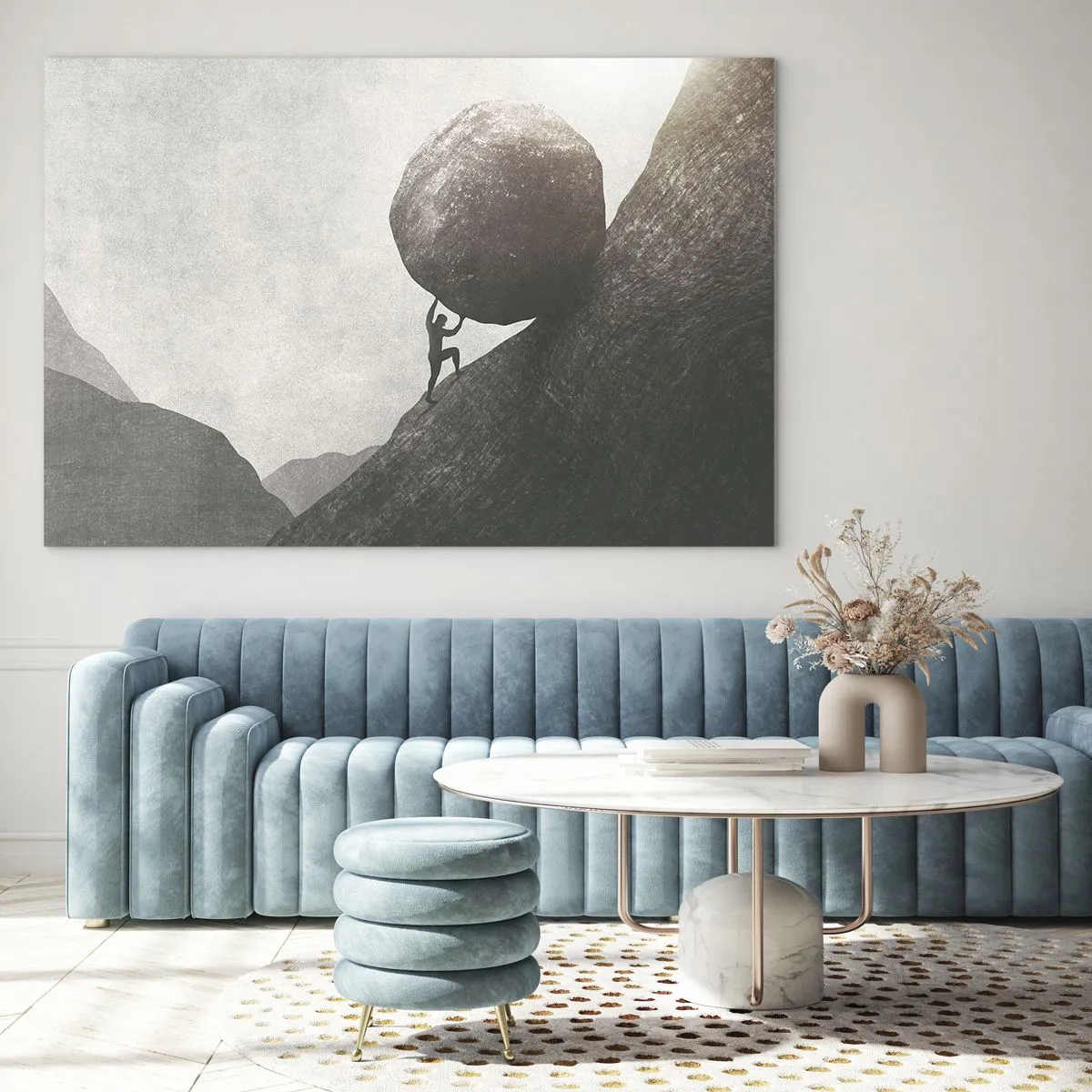 Obraz na skle - Postava tlačící balvan do kopce proti horské krajině - 70x50cm - Věřím, proti vší naději - Moderní nástěnná dekorace do obývacího pokoje a ložnice ARTTOR