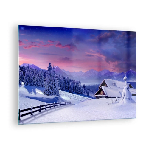 Obraz na skle - Zimní krajina s chatou a zasněženými horami - 70x50cm - Tichá noc - Moderní nástěnná dekorace do obývacího pokoje a ložnice ARTTOR