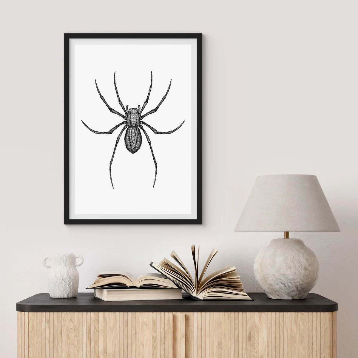 Plakát v černém rámu - Detailní ilustrace pavouka na bílém pozadí - 50x70cm - Znepokojivá přesnost - Moderní nástěnná dekorace do obývacího pokoje a ložnice ARTTOR