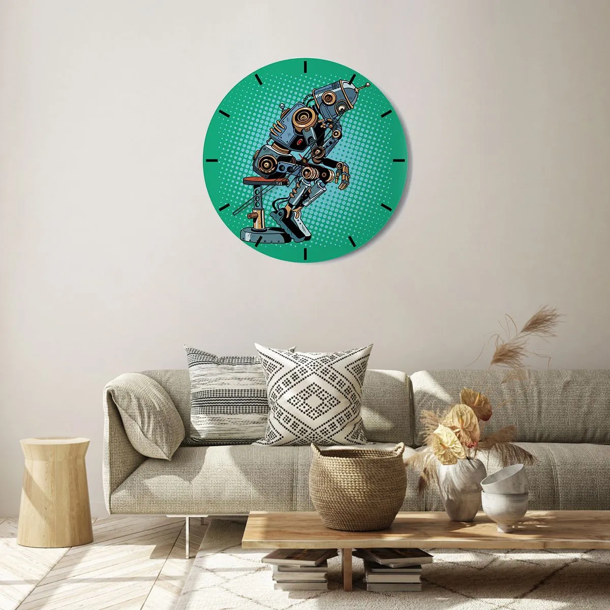 Nástěnné hodiny - Robot v póze myslitele na zeleném pozadí - 30x30cm - Nad podstatou bytí - Moderní nástěnná dekorace do obývacího pokoje, kuchyně a ložnice ARTTOR