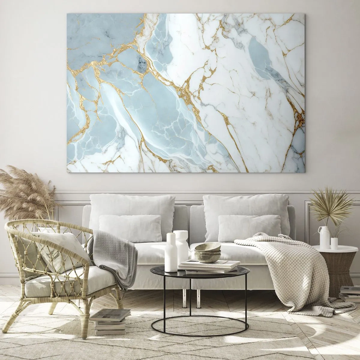 Obraz na skle - Abstraktní mramor v odstínech modré a zlaté - 70x50cm - Bohatství kamene - Moderní nástěnná dekorace do obývacího pokoje a ložnice ARTTOR