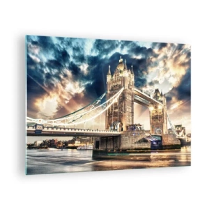 Obraz na skle - Tower Bridge v Londýně proti dramatické obloze - 70x50cm - Pomník viktoriánského impéria - Moderní nástěnná dekorace do obývacího pokoje a ložnice ARTTOR