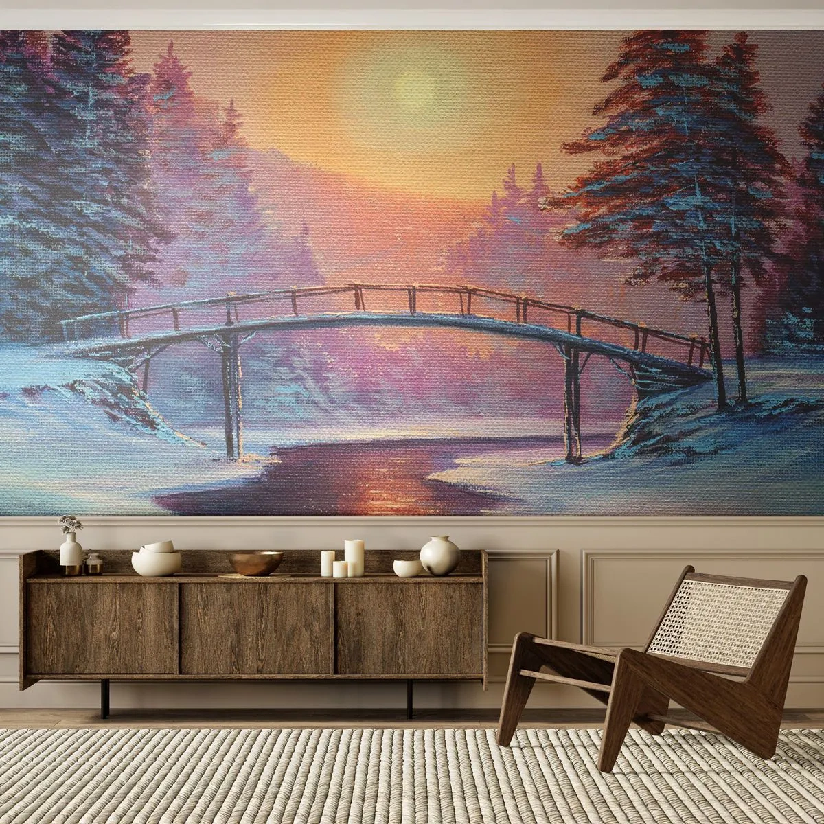 Fototapeta Samolepicí Deluxe Sticker - Čtyři roční období - zima - Krajina, Řeka, Most - 250x175 cm