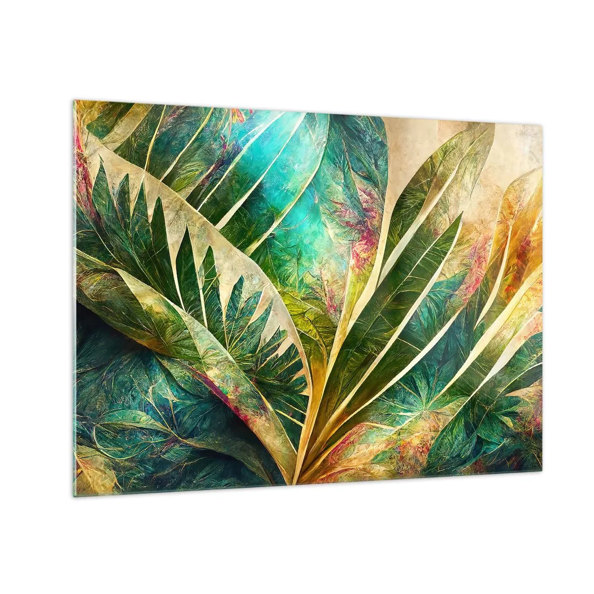 Obraz na skle - Barevné listy s tropickým nádechem - 70x50cm - Barvy tropů - Moderní nástěnná dekorace do obývacího pokoje a ložnice ARTTOR