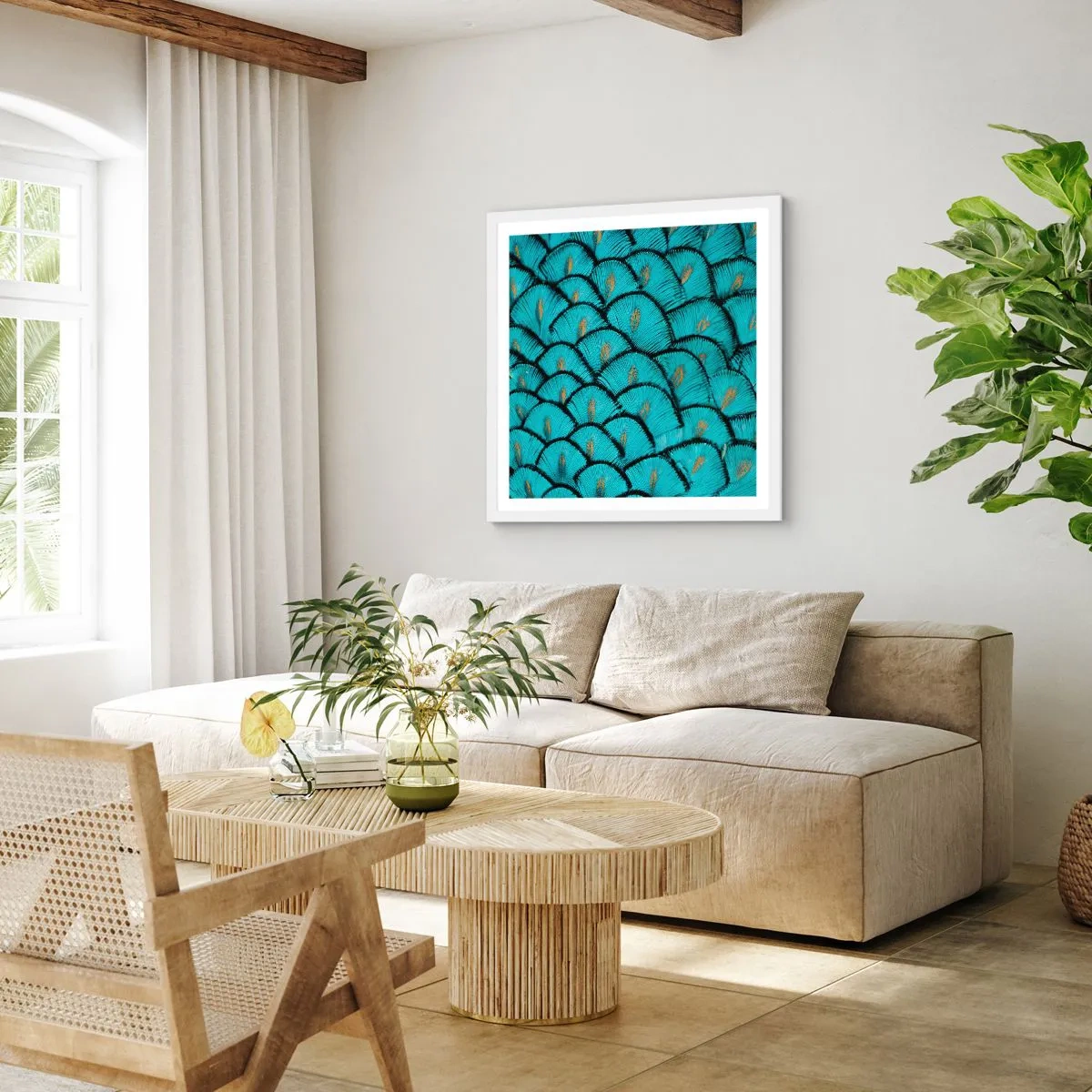 Plakát v bílém rámu - Velká slavnost peří - 50x50 cm