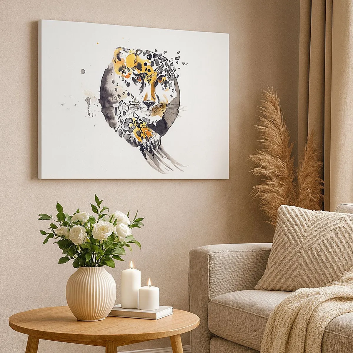 Obraz na plátně - Umělecká akvarelová malba s motivem geparda - 70x50cm - Dravá krása - Moderní nástěnná dekorace do obývacího pokoje a ložnice ARTTOR