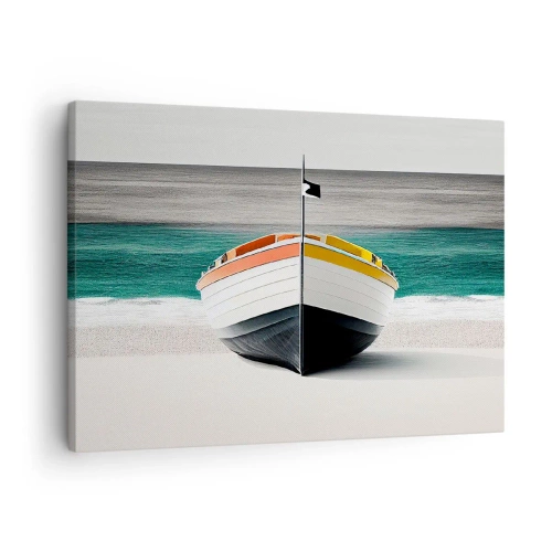 Obraz na plátně - Loď na pláži s tyrkysovým mořem v pozadí - 70x50cm - Na správném místě - Moderní nástěnná dekorace do obývacího pokoje a ložnice ARTTOR