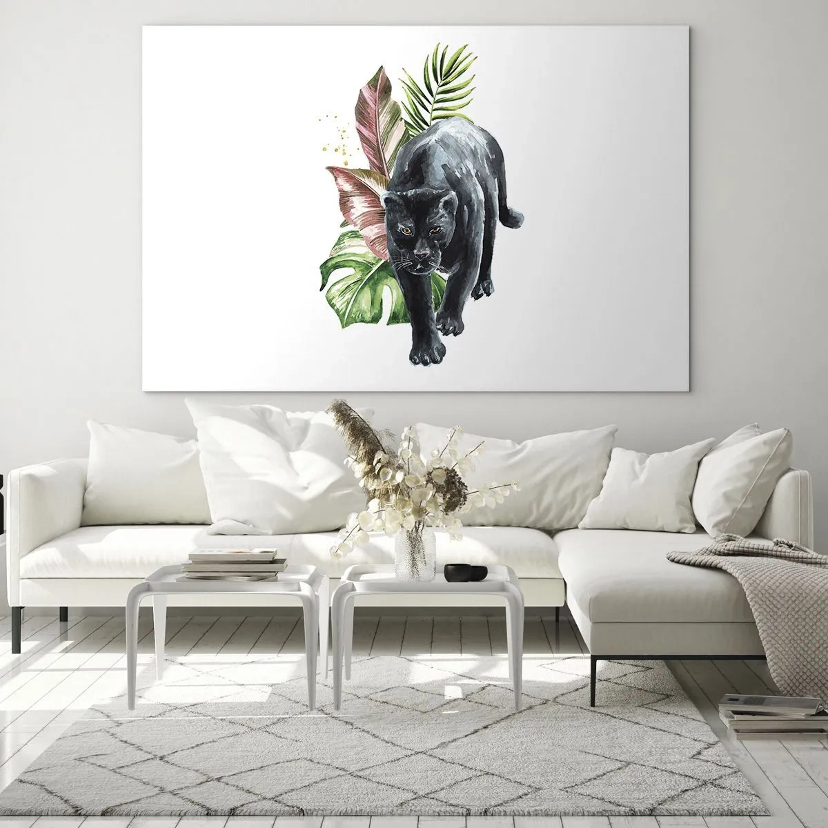 Obraz na skle - Černý panter na pozadí tropických listů ve stylu akvarelu - 70x50cm - Zběsilost v srdci - Moderní nástěnná dekorace do obývacího pokoje a ložnice ARTTOR