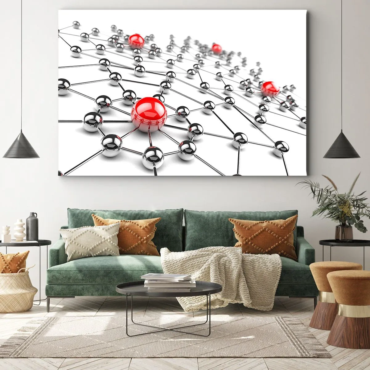 Obraz na plátně - Síť kovových koulí s červenými akcenty - 70x50cm - Stříbrná síť - Moderní nástěnná dekorace do obývacího pokoje a ložnice ARTTOR