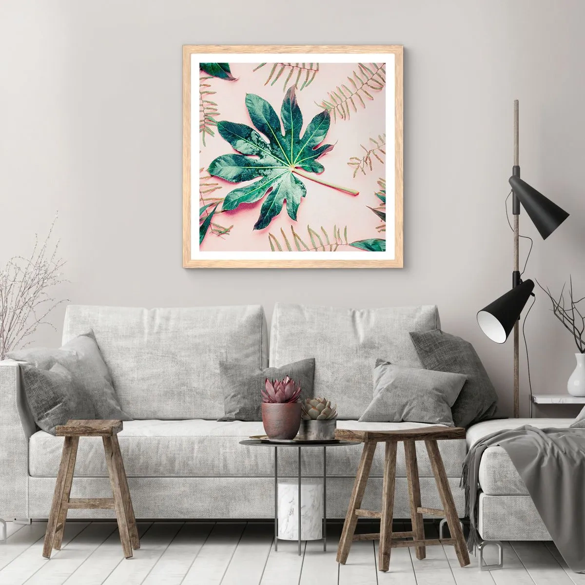 Plakát v rámu světlý dub - Studie zelené na růžovém pozadí - 60x60 cm