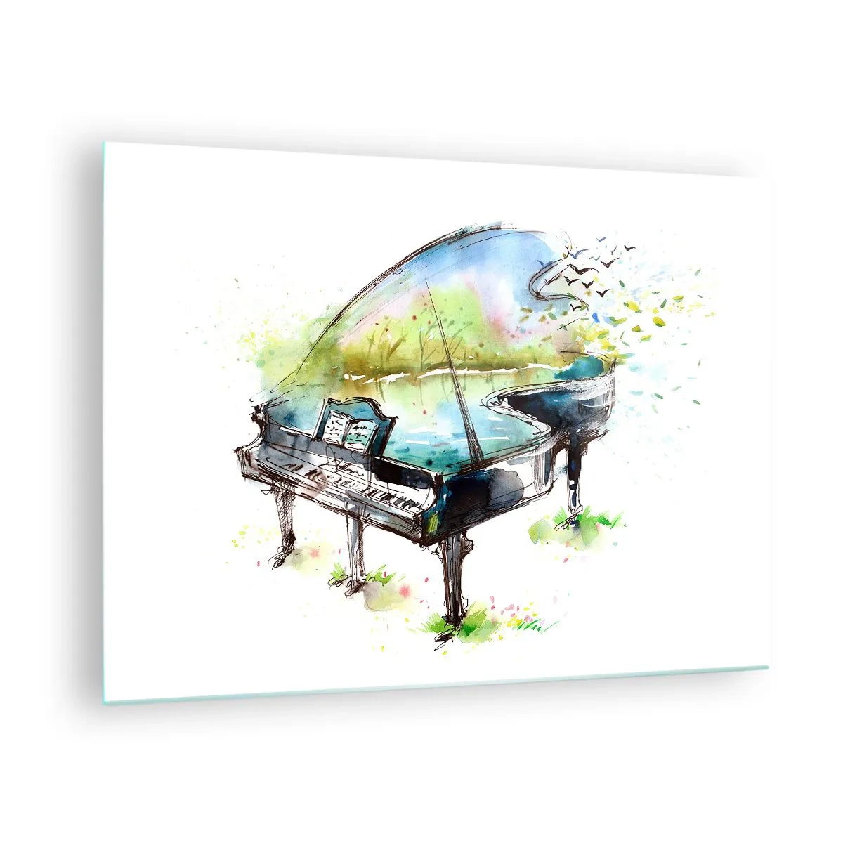 Obraz na skle - Akvarel klavíru obklopeného přírodou - 70x50cm - Zakleté v hudbě - Moderní nástěnná dekorace do obývacího pokoje a ložnice ARTTOR