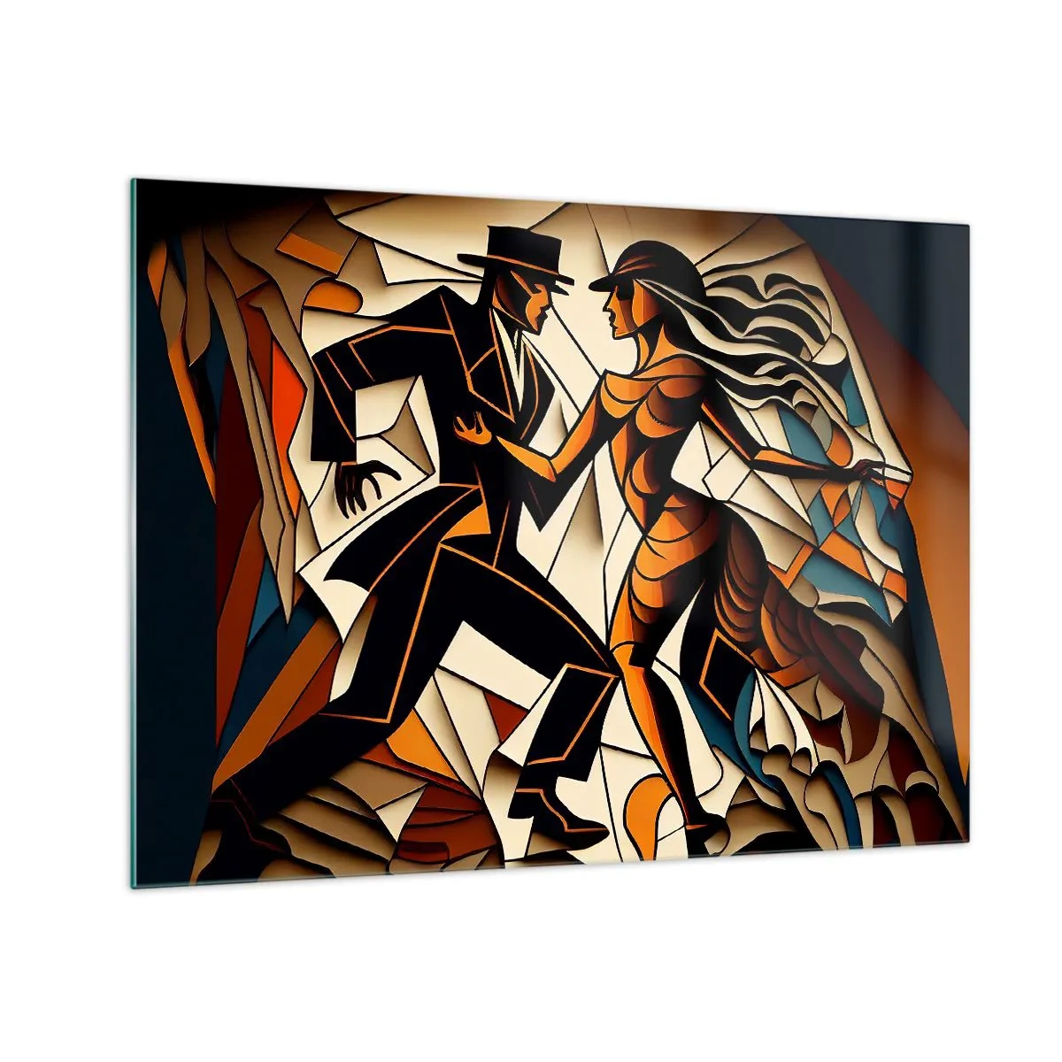 Obraz na skle - Stylizovaný pár tančící v dynamické abstraktní formě. - 70x50cm - Tanec vřelosti a vášně - Moderní nástěnná dekorace do obývacího pokoje a ložnice ARTTOR