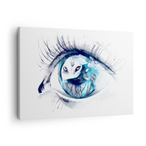 Obraz na plátně - Oko s obrázkem sovy v akvarelových odstínech modré - 70x50cm - Z očí do očí s divočinou - Moderní nástěnná dekorace do obývacího pokoje a ložnice ARTTOR