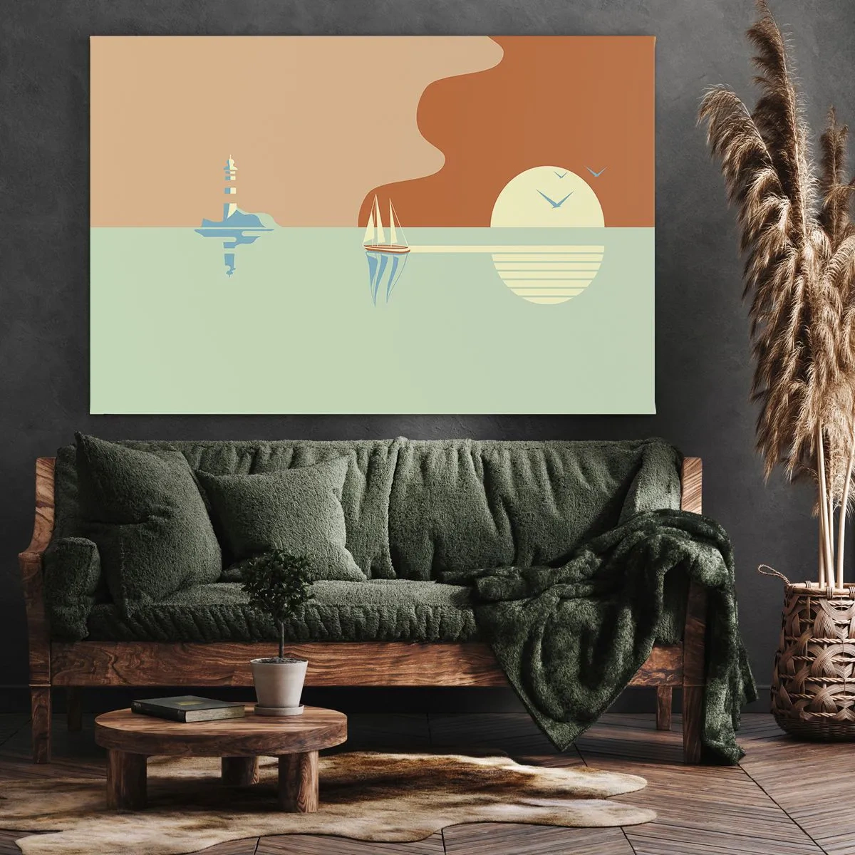 Obraz na plátně - Minimalistická přímořská krajina s plachetnicí a západem slunce - 70x50cm - Dokonalá mořská krajina - Moderní nástěnná dekorace do obývacího pokoje a ložnice ARTTOR