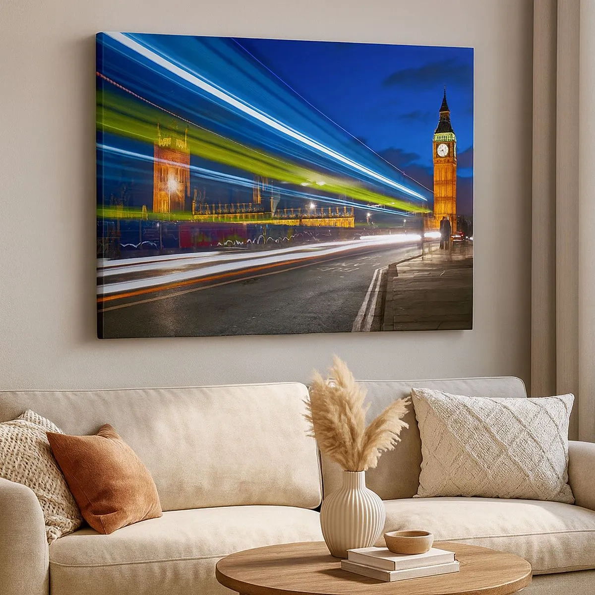 Obraz na plátně - Big Ben v noci s efektem světel v pouličním provozu - 70x50cm - Pod dohledem Big Bena - Moderní nástěnná dekorace do obývacího pokoje a ložnice ARTTOR