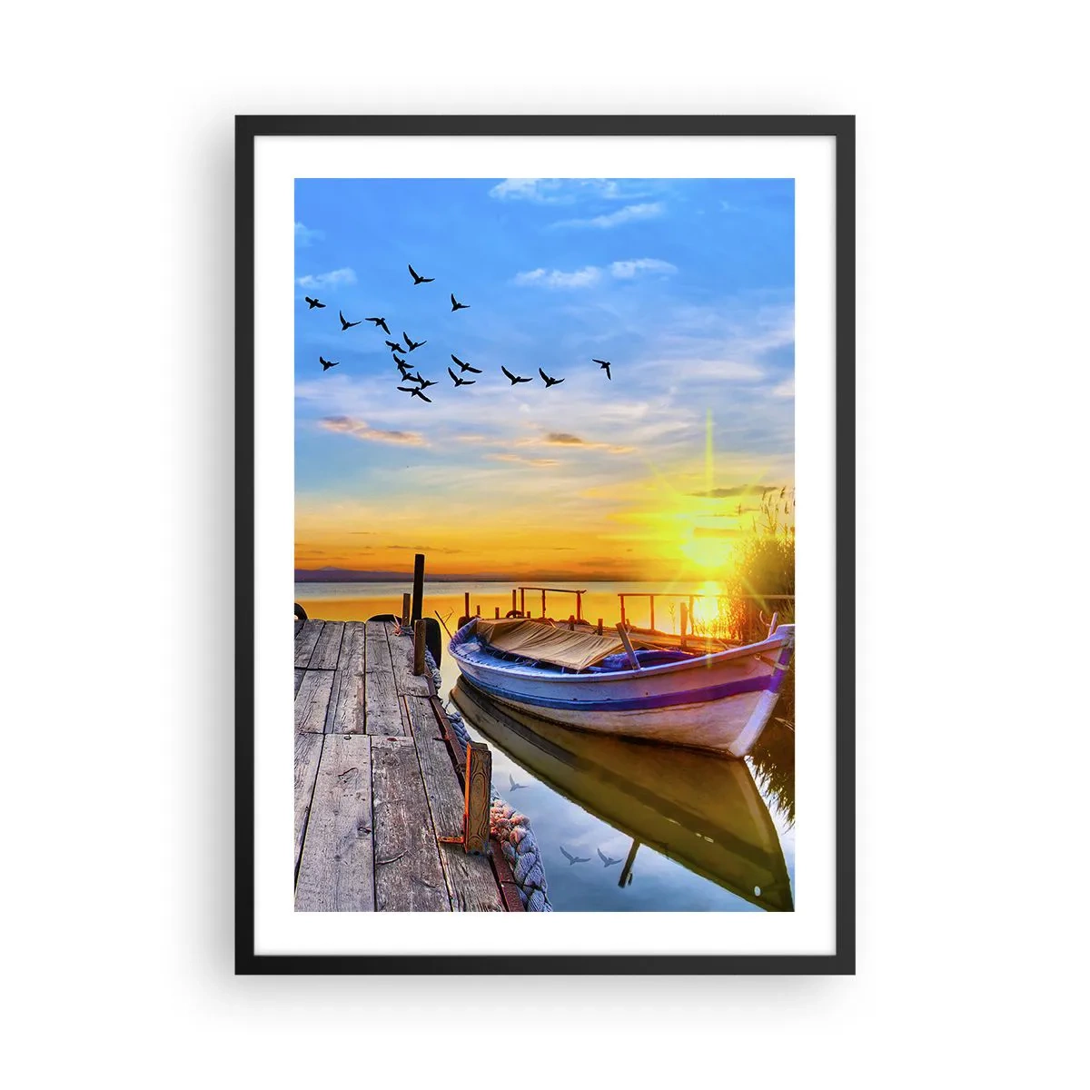 Plakát v černém rámu - Loď na jezeře při západu slunce s ptáky v pozadí - 50x70cm - Na shledanou zítra - Moderní nástěnná dekorace do obývacího pokoje a ložnice ARTTOR