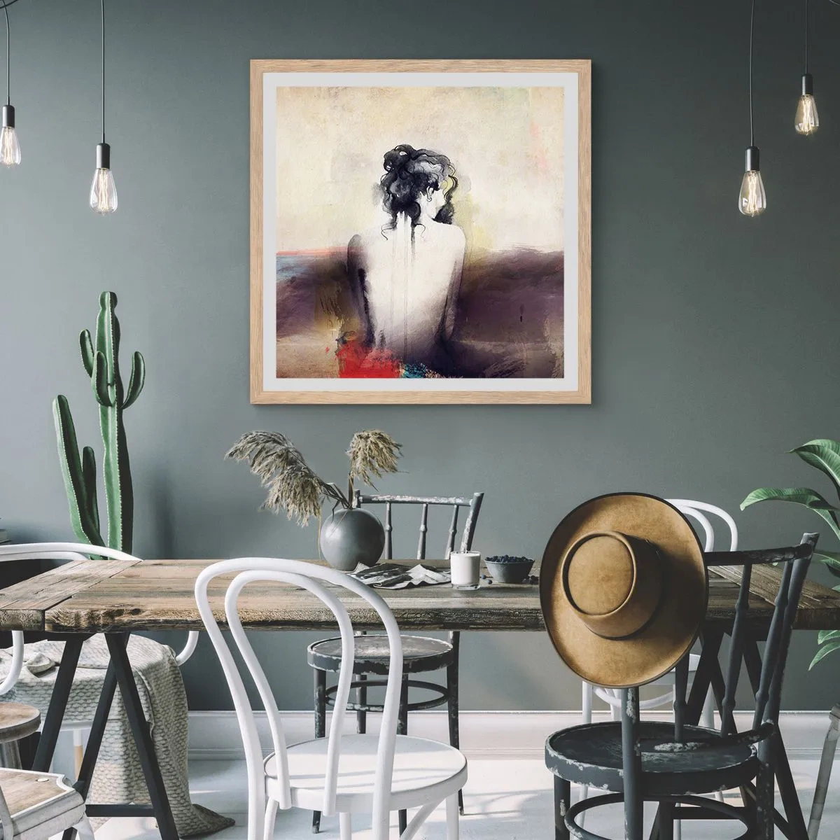 Plakát v rámu světlý dub - Jemné linie, oválné tvary - 60x60 cm