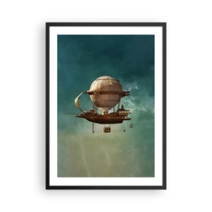 Plakát v černém rámu - Fantastická vzducholoď plující mezi hvězdami - 50x70cm - Julius Verne zdraví - Moderní nástěnná dekorace do obývacího pokoje a ložnice ARTTOR