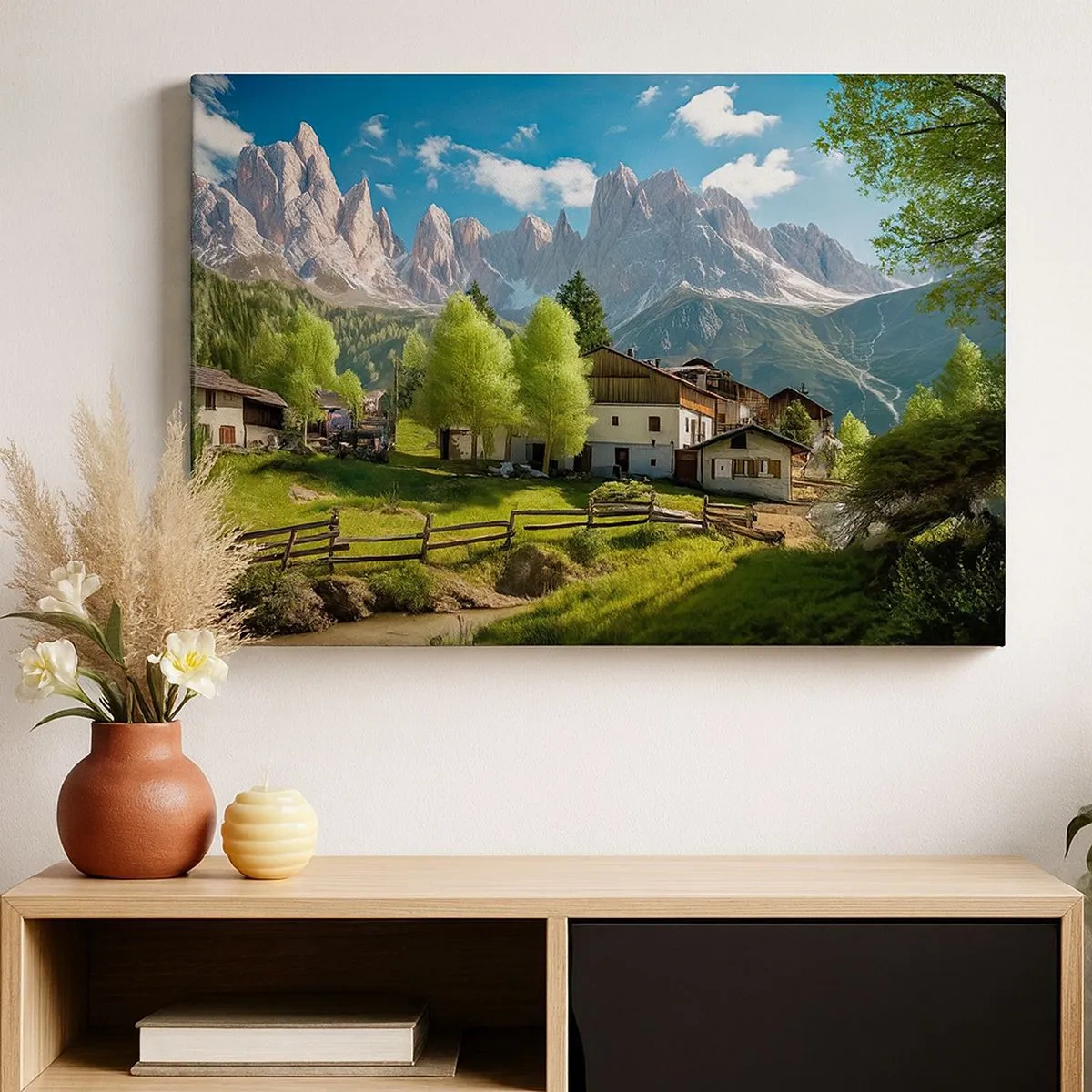 Obraz na plátně - Horská vesnice s domy a výhledem na Alpy - 70x50cm - Alpská idyla - Moderní nástěnná dekorace do obývacího pokoje a ložnice ARTTOR