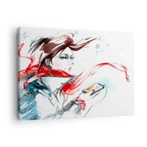 Obraz na plátně - Žena v červeném šátku s dynamickými akvarelovými tahy - 70x50cm - Něco se ve mně děje - Moderní nástěnná dekorace do obývacího pokoje a ložnice ARTTOR