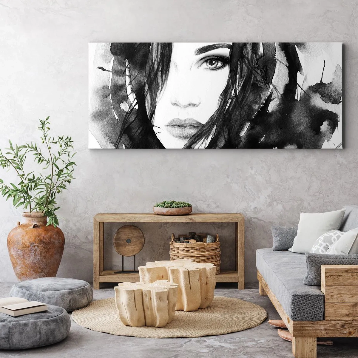 Obraz na plátně - Portrét dámy v černé a bílé - 100x40 cm