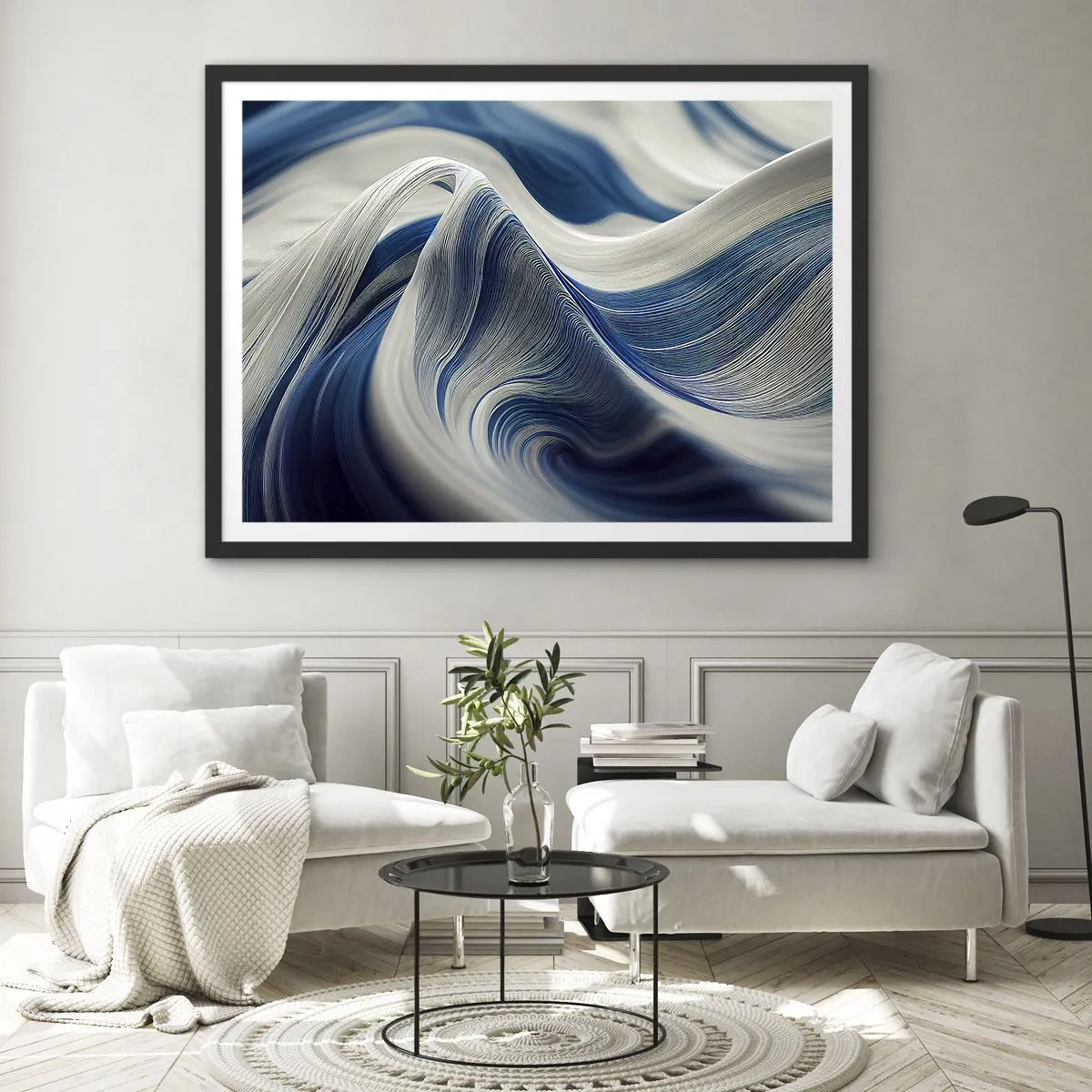Plakát v černém rámu - Plynulost modré a bílé - 100x70 cm