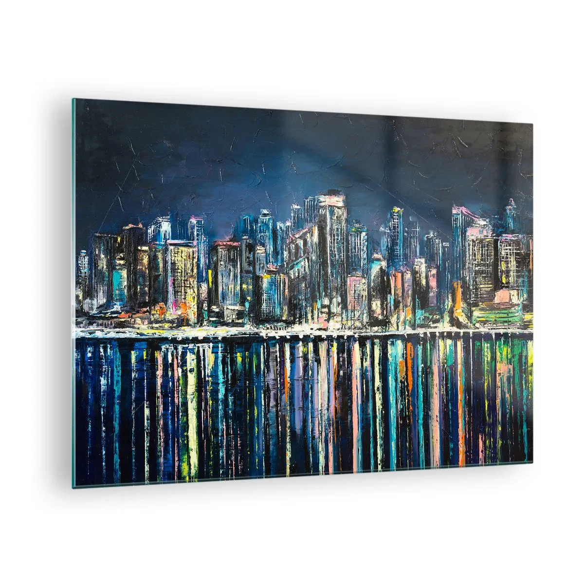 Obraz na skle - Panorama města v noci se světly odrážejícími se ve vodě - 70x50cm - Kaskáda světel - Moderní nástěnná dekorace do obývacího pokoje a ložnice ARTTOR