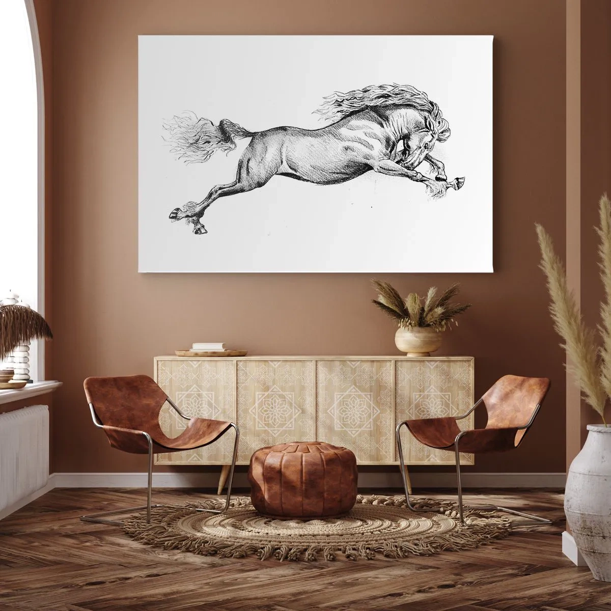 Obraz na plátně - Náčrt koně v dynamickém cvalu na bílém pozadí - 70x50cm - Zastavený v cvalu - Moderní nástěnná dekorace do obývacího pokoje a ložnice ARTTOR