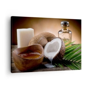 Obraz na plátně - Kokosové ořechy, svíčka a olej na dřevěném pozadí - 70x50cm - Zdraví z tropických ostrovů - Moderní nástěnná dekorace do obývacího pokoje a ložnice ARTTOR