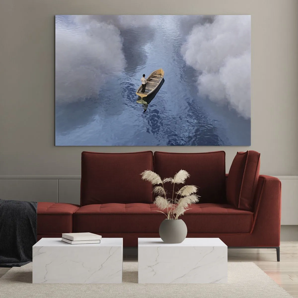Obraz na skle - Muž v lodi plující po vodě mezi mraky - 70x50cm - Život – cesta – nejistota - Moderní nástěnná dekorace do obývacího pokoje a ložnice ARTTOR