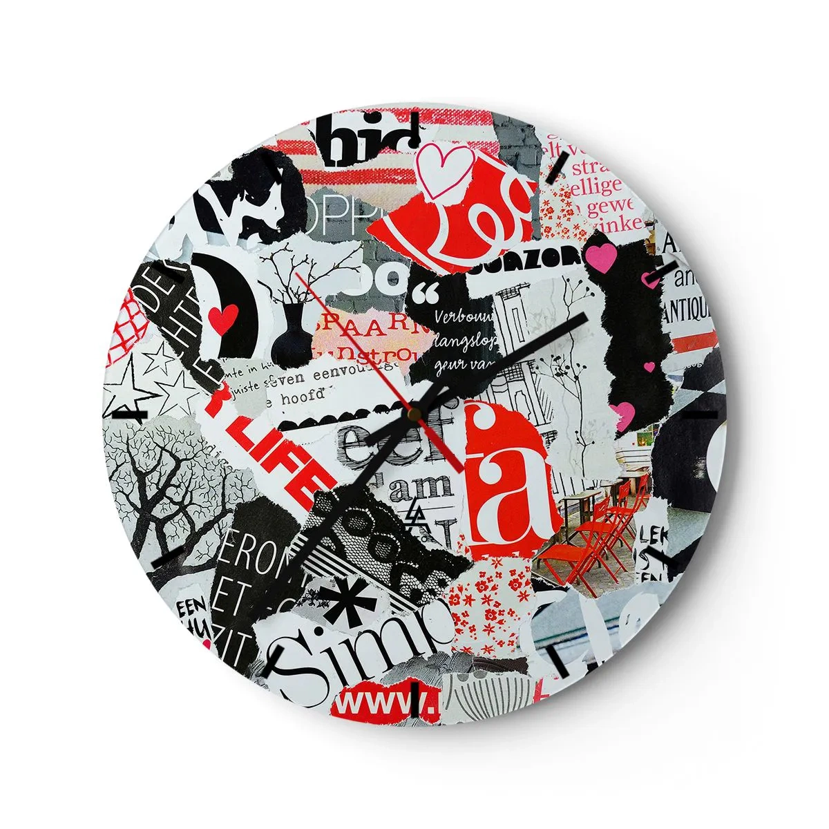Nástěnné hodiny - Hipsterská koláž s retro písmeny, grafikou a symboly - 30x30cm - Hipsterská koláž - Moderní nástěnná dekorace do obývacího pokoje, kuchyně a ložnice ARTTOR