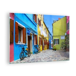Obraz na skle - Barevná ulice s koly a zdobenými domy - 70x50cm - Pastelové, sladké zákoutí - Moderní nástěnná dekorace do obývacího pokoje a ložnice ARTTOR