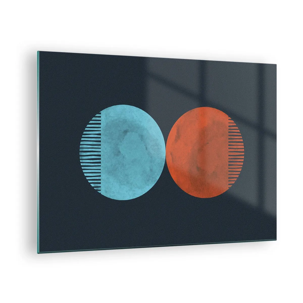 Obraz na skle - Abstraktní kruhy v modré a oranžové barvě - 70x50cm - Pouze geometrie? - Moderní nástěnná dekorace do obývacího pokoje a ložnice ARTTOR