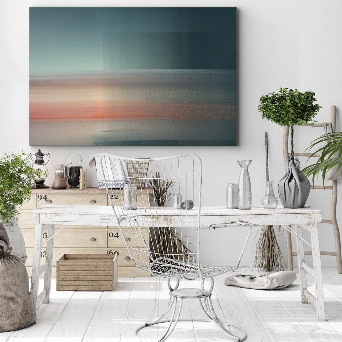 Obraz na plátně - Západ slunce v pastelových odstínech nad klidným horizontem - 70x50cm - Abstrakce: vlny světla - Moderní nástěnná dekorace do obývacího pokoje a ložnice ARTTOR
