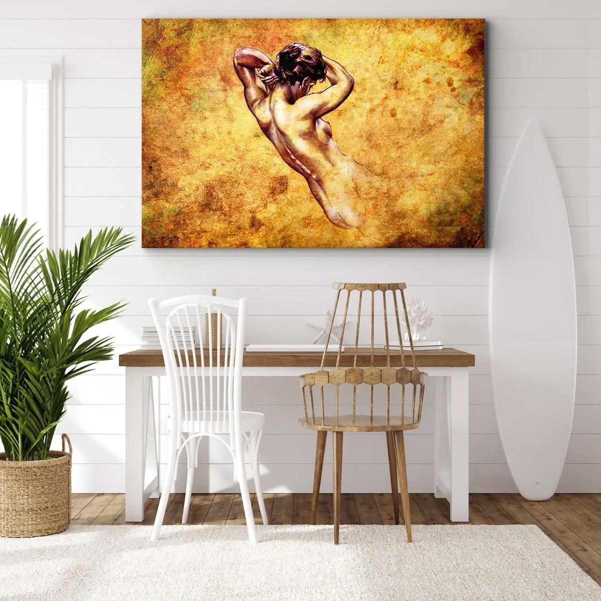 Obraz na plátně - Umělecký ženský akt na zlatém pozadí v klasickém stylu - 70x50cm - Odhalené, ale stále tajemství - Moderní nástěnná dekorace do obývacího pokoje a ložnice ARTTOR