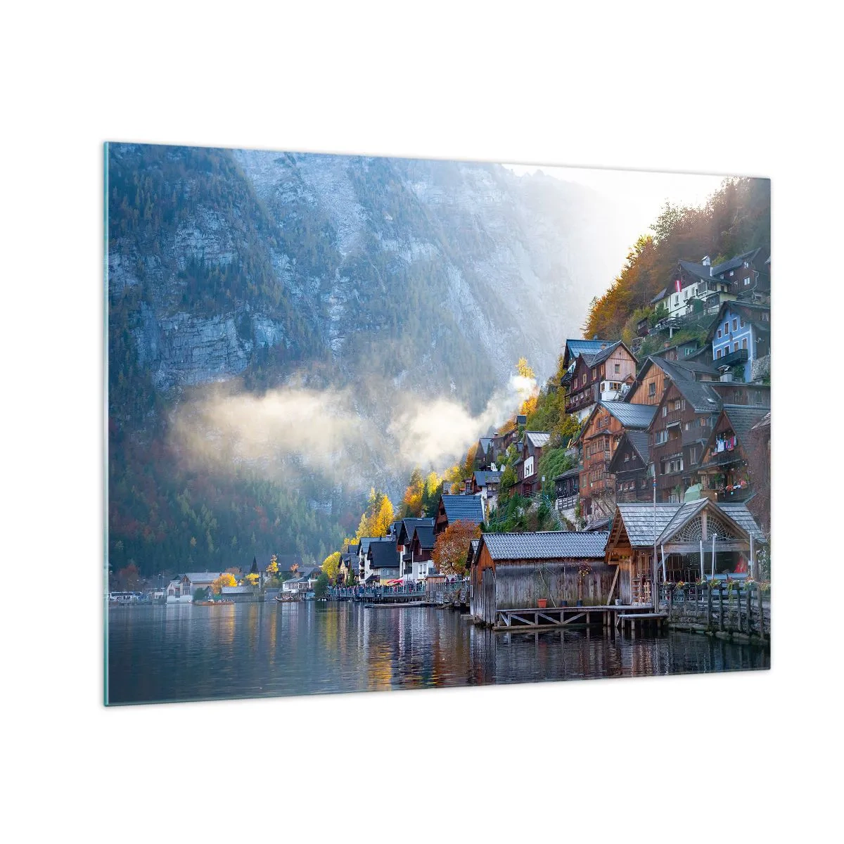 Obraz na skle - Podzimní ráno v horském městečku u jezera - 70x50cm - Alpská krajina - Moderní nástěnná dekorace do obývacího pokoje a ložnice ARTTOR