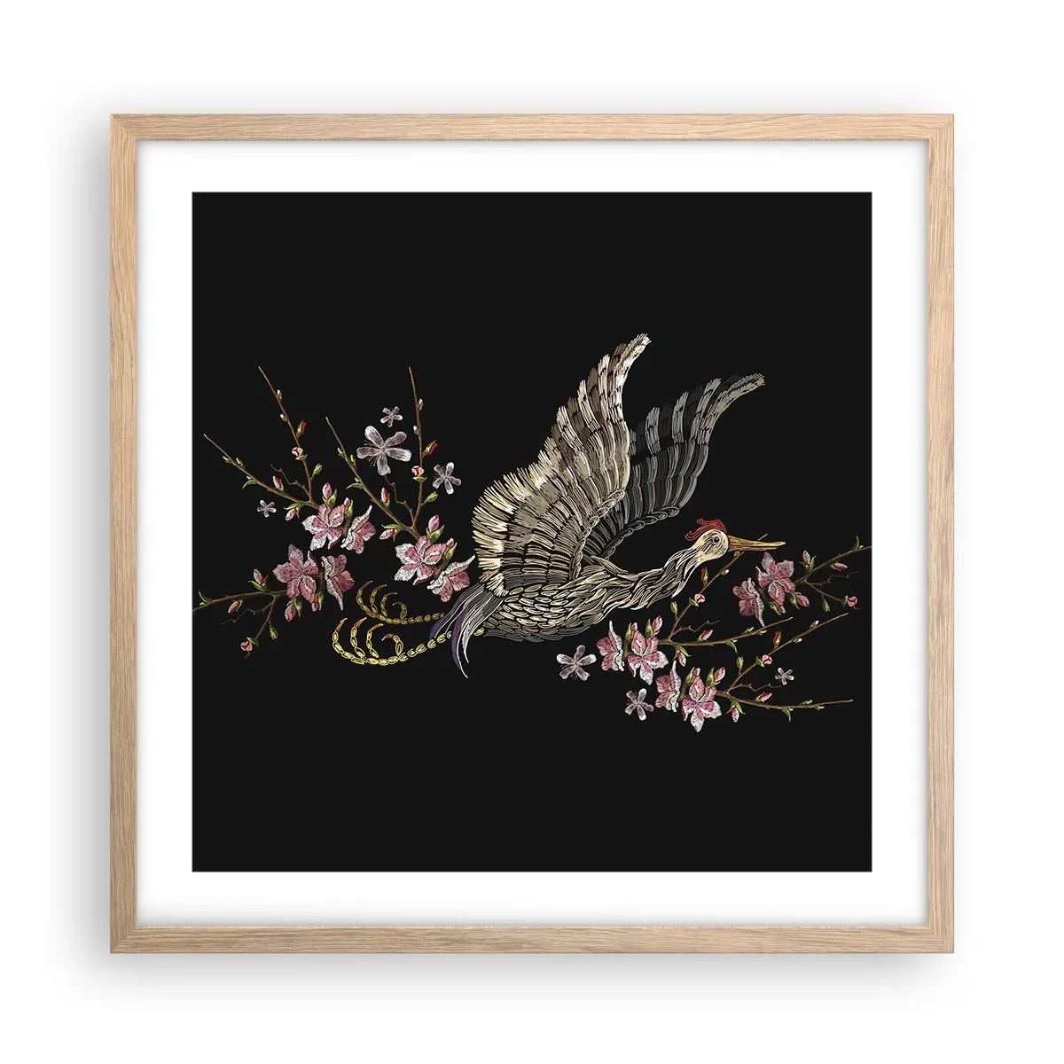 Plakát v rámu světlý dub - Exotický vyšívaný pták - 50x50 cm