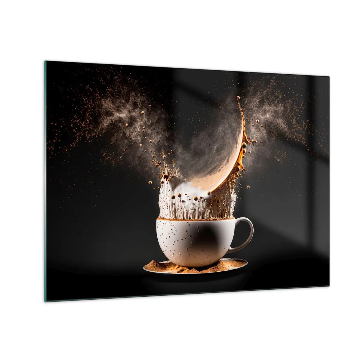 Obraz na skle - Šplouchání kávy s mlékem v dynamickém záběru - 70x50cm - Exploze chuti - Moderní nástěnná dekorace do obývacího pokoje a ložnice ARTTOR