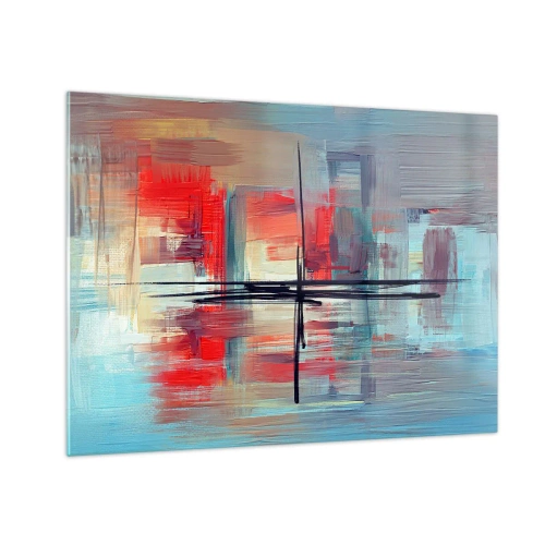 Obraz na skle - Barevná abstrakce s červenou a modrou, inspirovaná krajinou. - 70x50cm - Krajina v neznámé dimenzi - Moderní nástěnná dekorace do obývacího pokoje a ložnice ARTTOR
