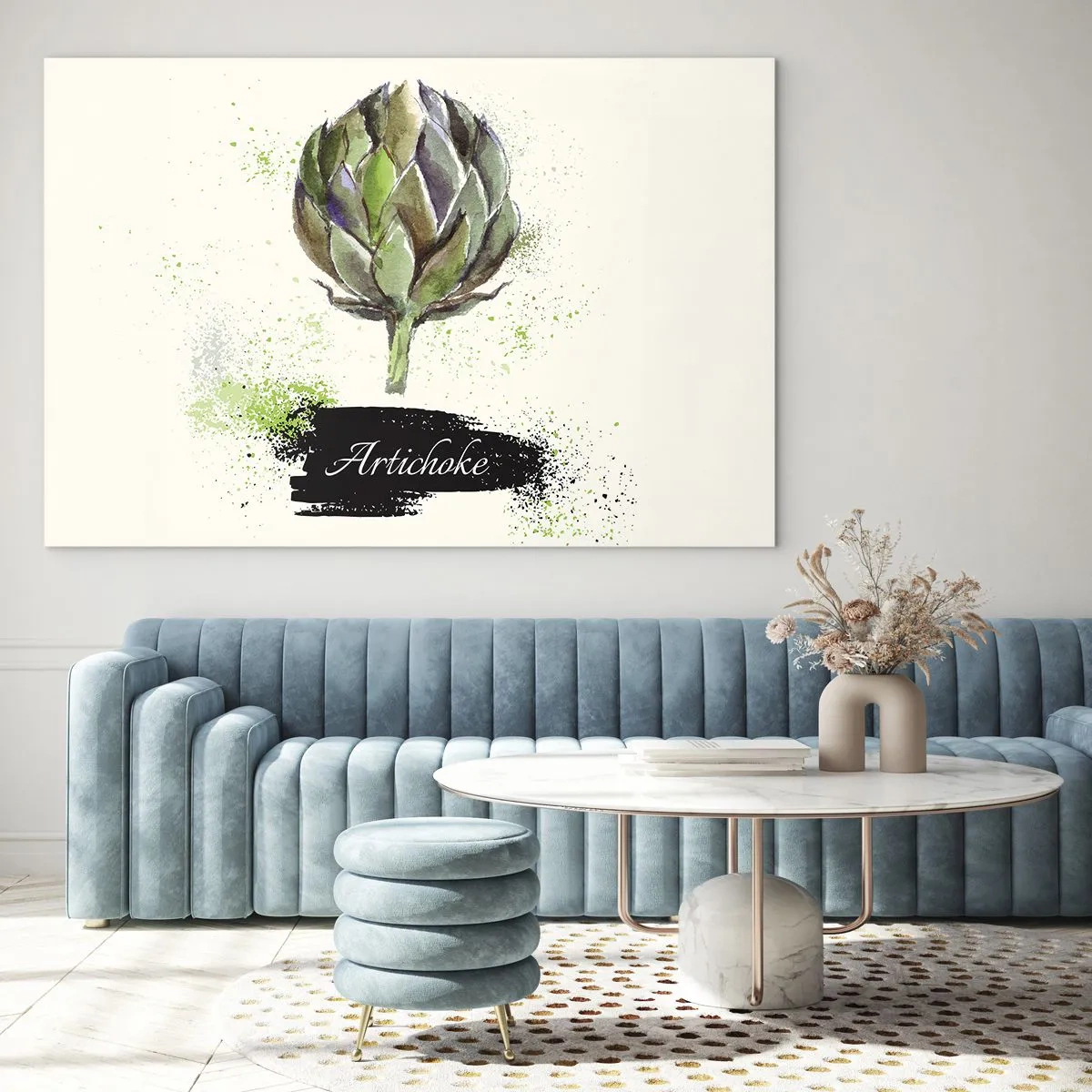 Obraz na skle - Akvarelová grafika s artyčokem a napsaným slovem Artyčok - 70x50cm - Ať žije zelenina! - Moderní nástěnná dekorace do obývacího pokoje a ložnice ARTTOR