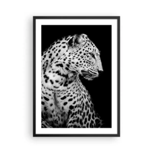 Plakát v černém rámu - Černobílý portrét leoparda na černém pozadí - 50x70cm - Pravý profil perfektní! - Moderní nástěnná dekorace do obývacího pokoje a ložnice ARTTOR