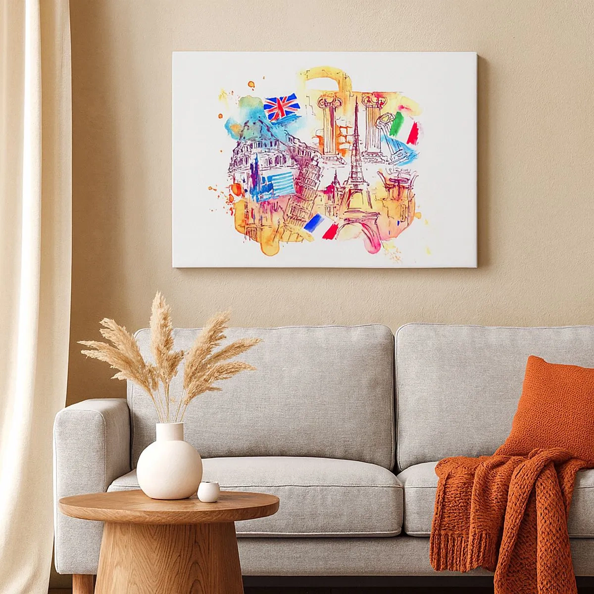 Obraz na plátně - Akvarel evropských symbolů s vlajkami zemí - 70x50cm - Evropské turné - Moderní nástěnná dekorace do obývacího pokoje a ložnice ARTTOR