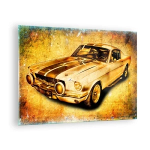 Obraz na skle - Klasické sportovní auto s vintage pozadím - 70x50cm - Šílená 70. léta - Moderní nástěnná dekorace do obývacího pokoje a ložnice ARTTOR