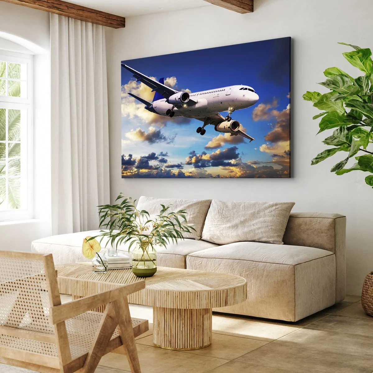 Obraz na plátně - Osobní letadlo proti mrakům při západu slunce - 70x50cm - Cestování v bílé a blankytné - Moderní nástěnná dekorace do obývacího pokoje a ložnice ARTTOR