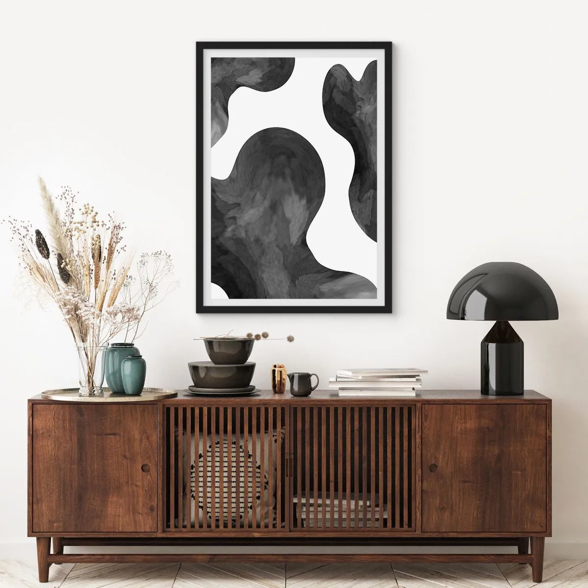 Plakát v černém rámu - Abstraktní kompozice v černé a bílé s organickými tvary - 50x70cm - Mléčná dráha - Moderní nástěnná dekorace do obývacího pokoje a ložnice ARTTOR
