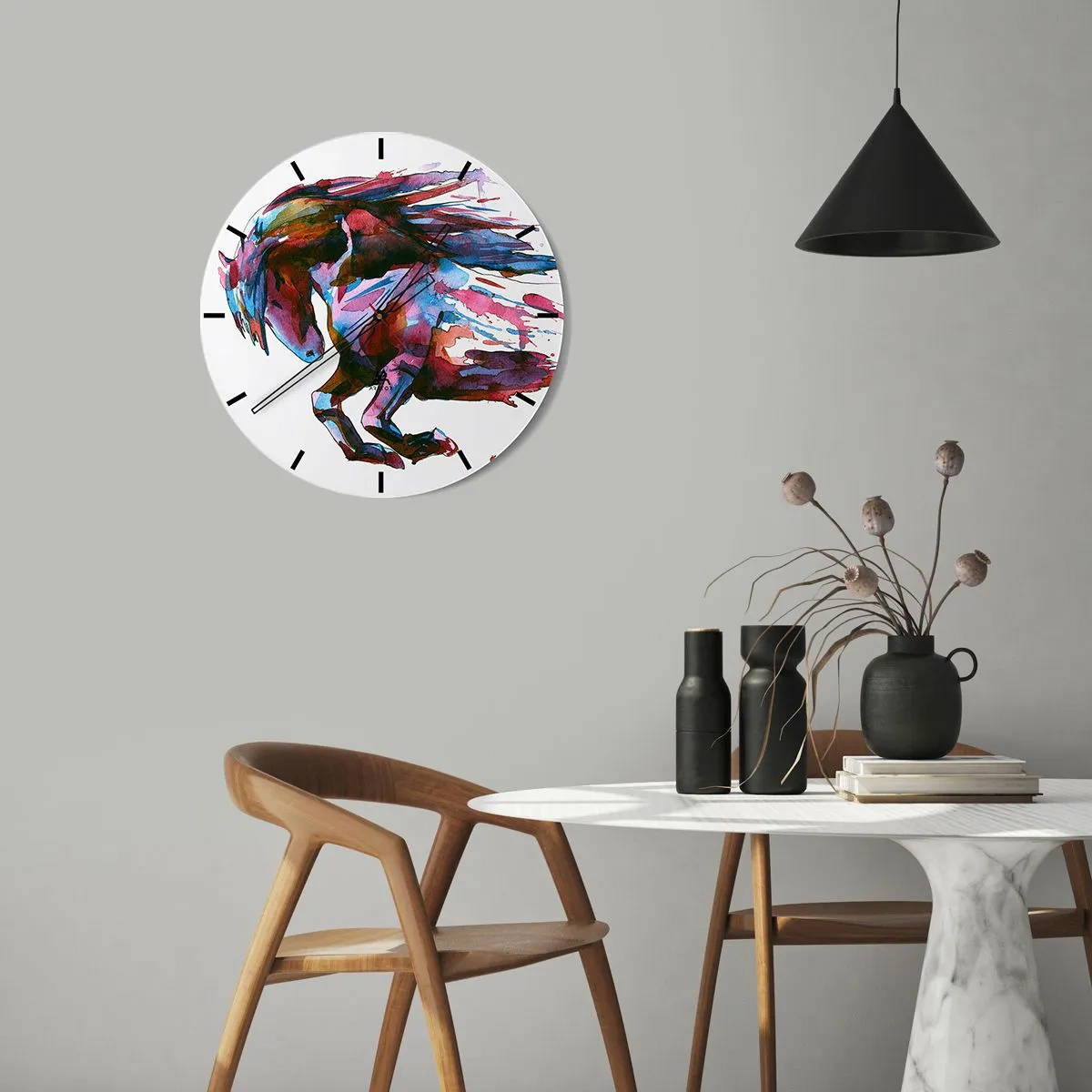 Nástěnné hodiny - Dynamický kůň v akvarelových barvách s rozevlátou hřívou - 30x30cm - U vytržení - Moderní nástěnná dekorace do obývacího pokoje, kuchyně a ložnice ARTTOR
