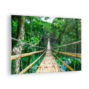 Obraz na skle - Visutý bambusový most uprostřed tropické zeleně přes řeku - 70x50cm - Opičí most nad zelení - Moderní nástěnná dekorace do obývacího pokoje a ložnice ARTTOR