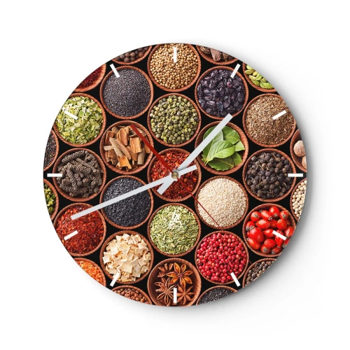 Nástěnné hodiny - Ciferník hodin s barevným motivem koření a bylin v dřevěných miskách. - 30x30cm - Všechny chutě světa - Moderní nástěnná dekorace do obývacího pokoje, kuchyně a ložnice ARTTOR