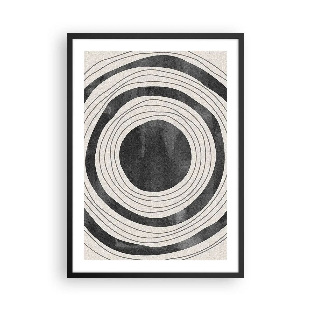Plakát v černém rámu - Abstraktní soustředné kruhy v černé a bílé - 50x70cm - Přesný zásah - Moderní nástěnná dekorace do obývacího pokoje a ložnice ARTTOR